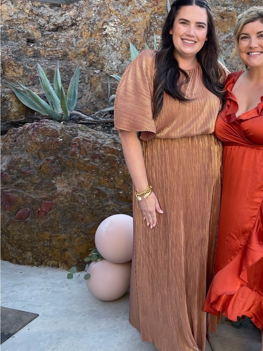 Pleated Metallic Brown Maxi Dress with Blouson Top